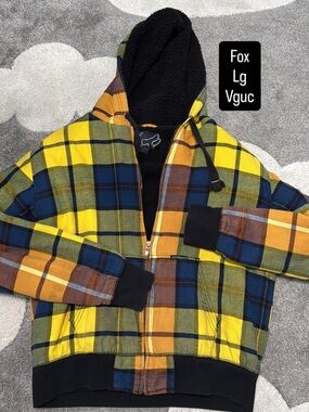 Fox Kids Plaid Hooded Zip Jacket in Yellow, Blue & Orange Y2K